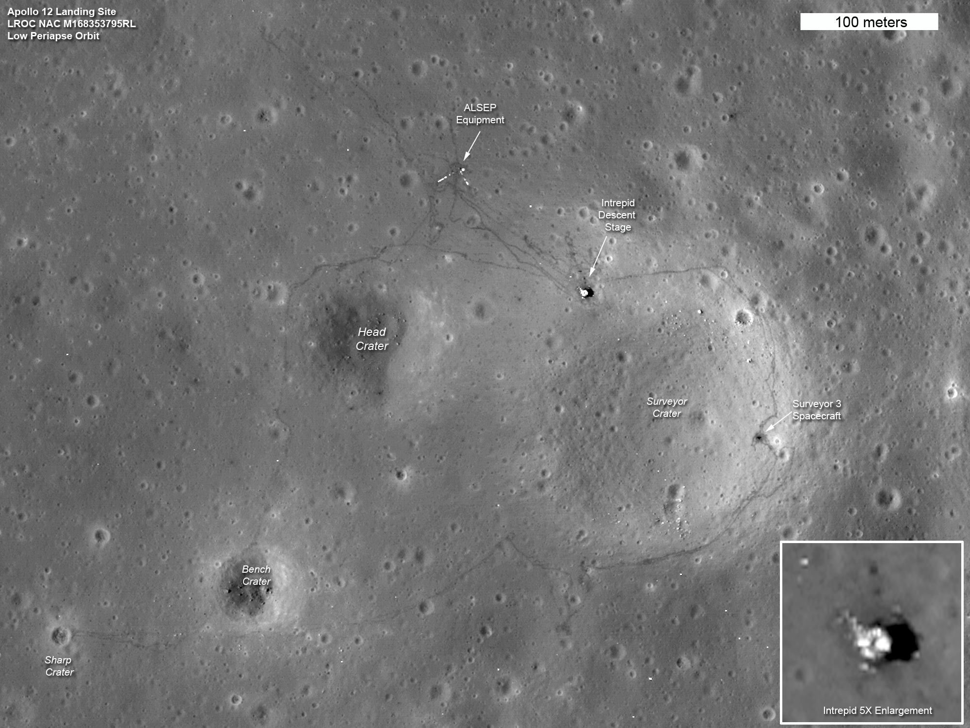 Apollo 12 landing site, taken from NASA's Lunar Reconnaissance Orbiter in 2011