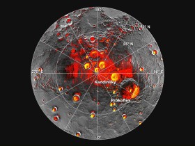 Messenger detects the presence of polar ice on Mercury. The spots shown in yellow are believed to be water. Source: Image Credit: NASA/Johns Hopkins University Applied Physics Laboratory/Carnegie Institution of Washington/National Astronomy and Ionosphere Center, Arecibo Observatory