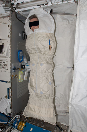 Astronaut Robert Thirsk, asleep in his sleeping quarters in the ISS. Photo credit NASA.