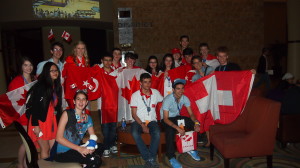 After the opening ceremonies, Team Canada met with students from Australia, Turkey and Switzerland in the hotel lobby. 