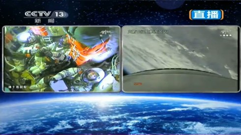 Image of the interior of Shenzhou 10 after launch. China TV demonstrates its new openness and confidence.