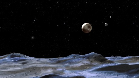 Artist illustration of Pluto (centre) from one of its small moons. The largest moon Charon is on the right. Credit: NASA, ESA and G. Bacon (STScI) 