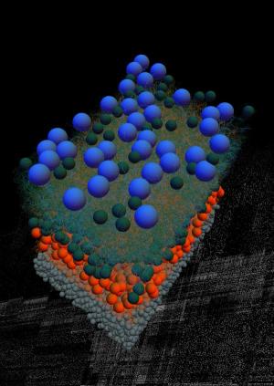 950 neurons in a block of mouse retina, reconstructed from serial block-face electron microscopy data by the students. Spheres indicate the cell bodies (ganglion cells: blue, amacrine cells: green, bipolar cells: orange, photoreceptors: gray). “Skeleton” reconstructions of all neurons appear as web between the cell body layers. Black/white background shows the final connectivity matrix (the “connectome”) between the 950 neurons. (Credit: Julia Kuhl, Winfried Denk; Helmstaedter et al., Max Planck Institute for Medical Research)