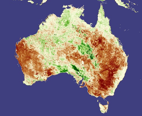 A false-colour view of Australia during the drought season. Credit: NASA images created by Jesse Allen, Earth Observatory, using data obtained courtesy of USDA FAS and processed by Jennifer Small and Assaf Anyamba, NASA GIMMS Group at Goddard Space Flight Center
