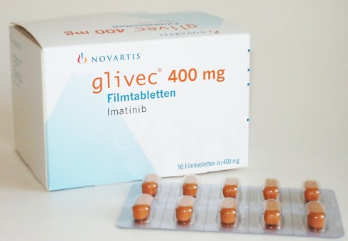 Glivec (as sold in Germany) is a specific kinase inhibitor. Inhibition of this kinase quells the sustained signaling required for uncontrolled growth and division of a cancer cell. Image credit: Wikimedia Commons.